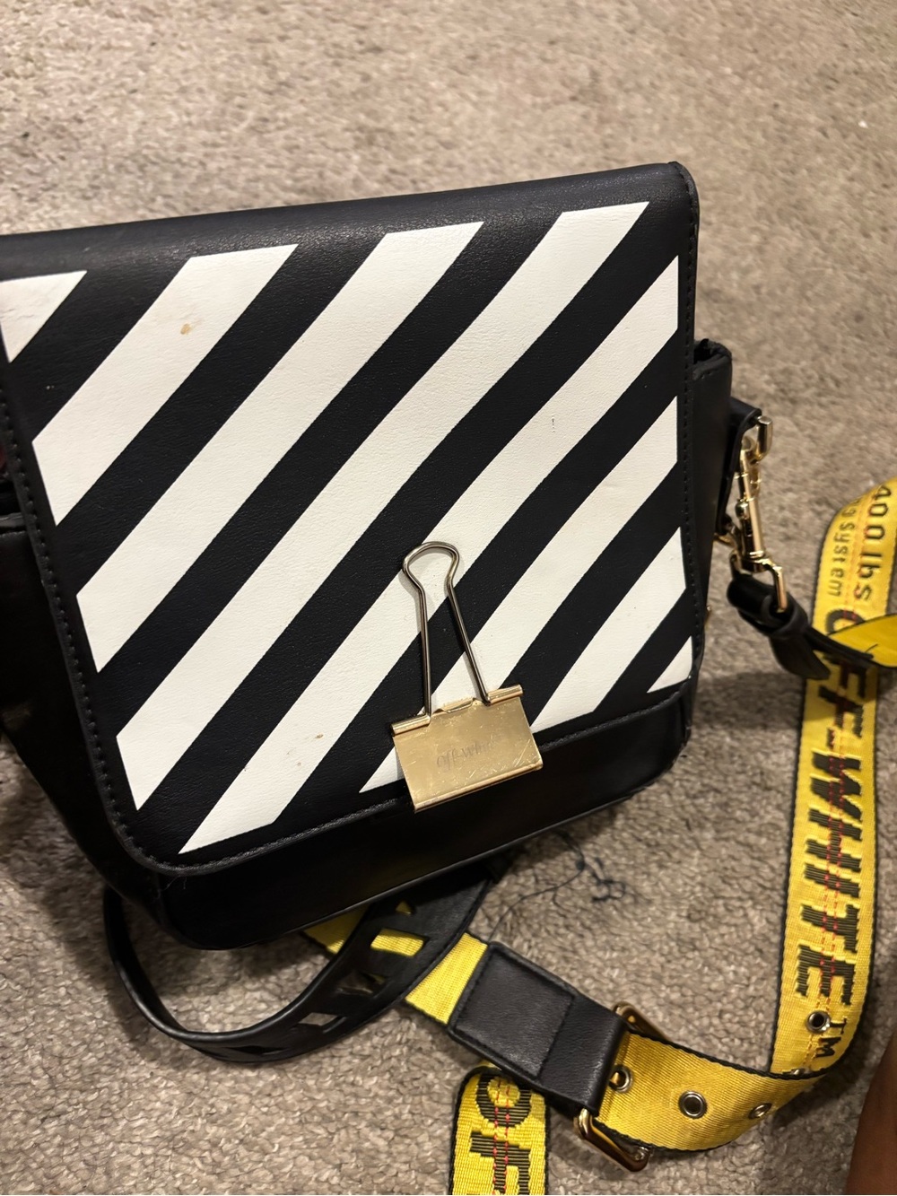 Off-White Black & White Diagonal Stripe Crossbody with Yellow Logo Strap